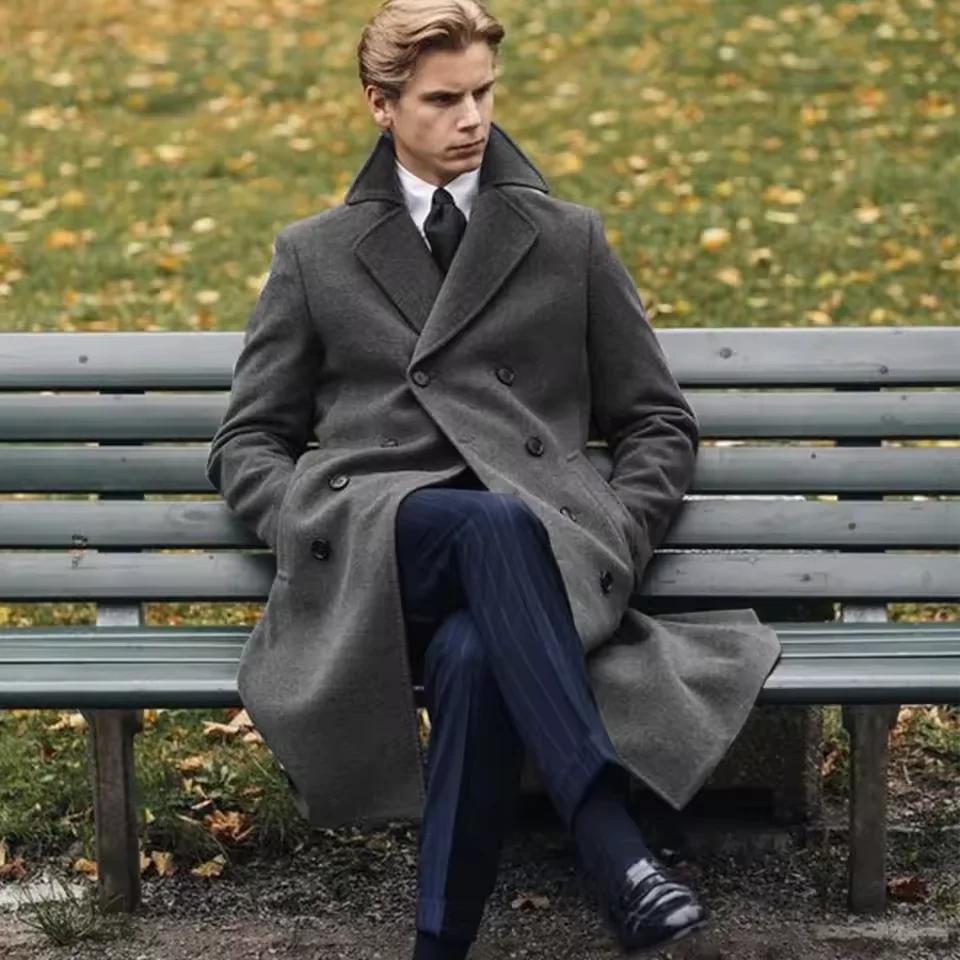 2025 nouvelle laine longs hommes manteaux de luxe hiver couleur unie Double boutonnage