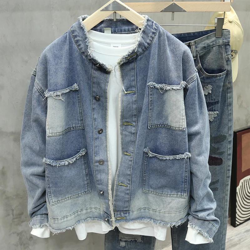 Printemps automne nouveaux hommes veste en jean à franges américain rétro haute rue poches bleu manteaux décontracté ample mode polyvalent hauts