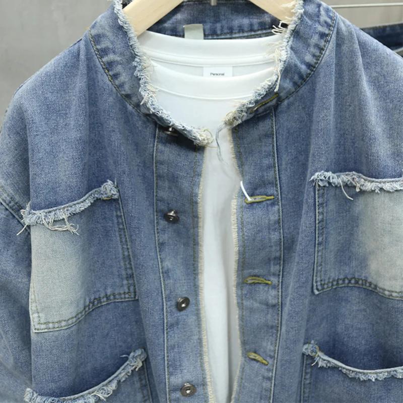 Printemps automne nouveaux hommes veste en jean à franges américain rétro haute rue poches bleu manteaux décontracté ample mode polyvalent hauts
