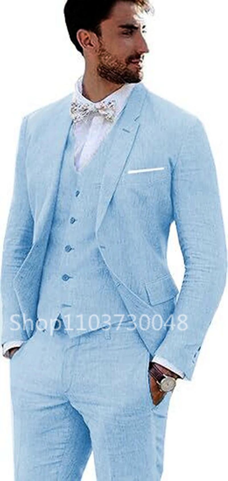Costume 3 Pièces en Lin Beige/Bleu pour Homme
