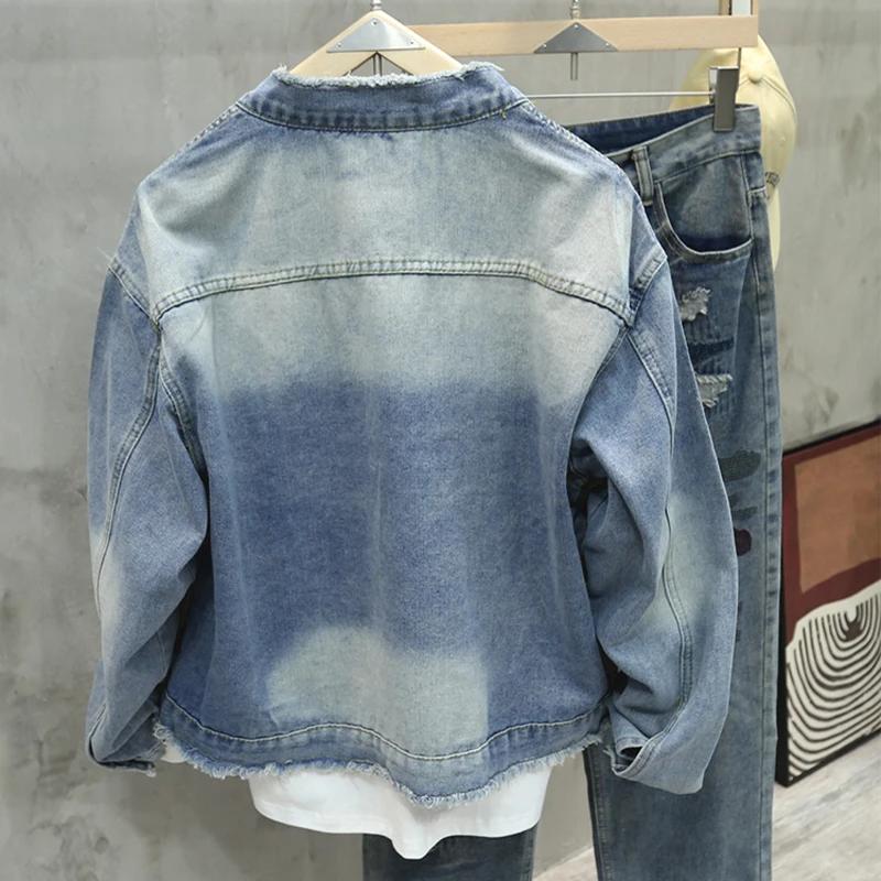 Printemps automne nouveaux hommes veste en jean à franges américain rétro haute rue poches bleu manteaux décontracté ample mode polyvalent hauts