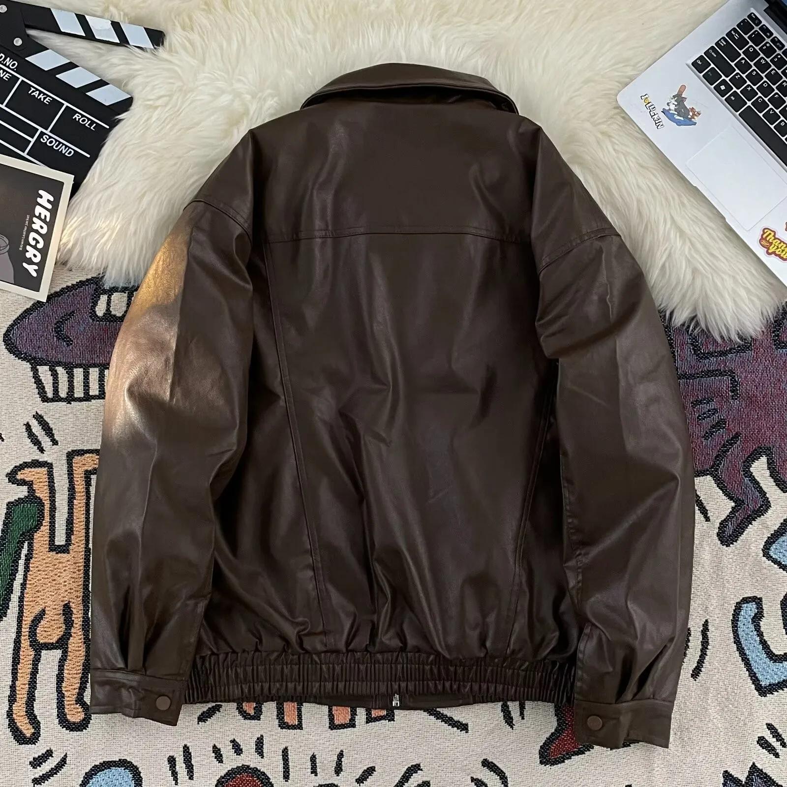 Veste en cuir PU marron pour homme