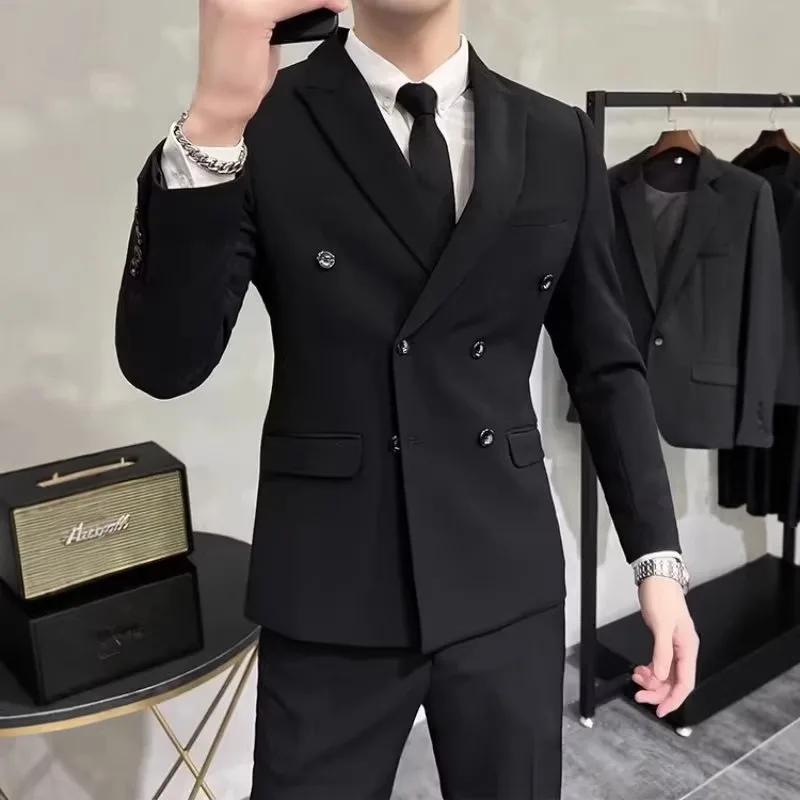 Veste de Costume Homme Élégante Croisée Style Britannique Décontracté Professionnel Manches Longues en Fibre de Polyester Printemps Automne