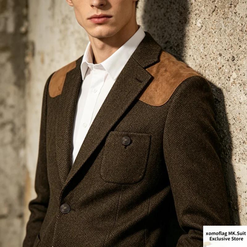Blazer décontracté rétro pour homme en tweed à chevrons