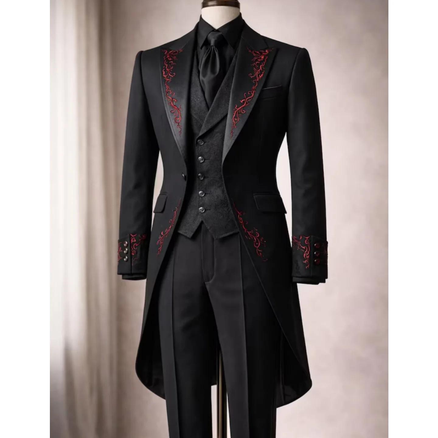 Costume de smoking noir 3 pièces avec broderie rouge