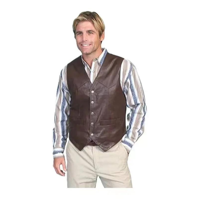 Gilet pour hommes d'affaires européens mode décontracté rétro couleur unie col en v bouton Western sans manches