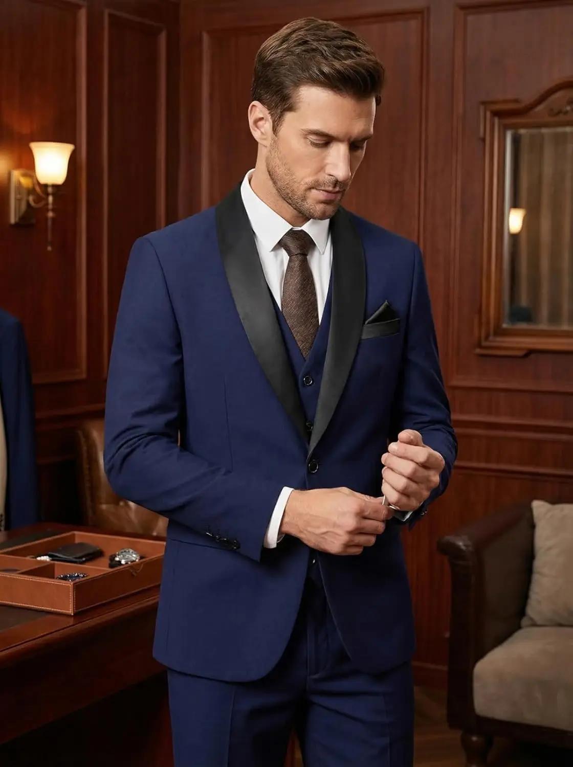 Costume Homme Sur Mesure 3 Pièces Formel Revers Châle Smoking pour Marié Hommes Mariages Veste à Un Bouton Gilet Pantalon Ensemble