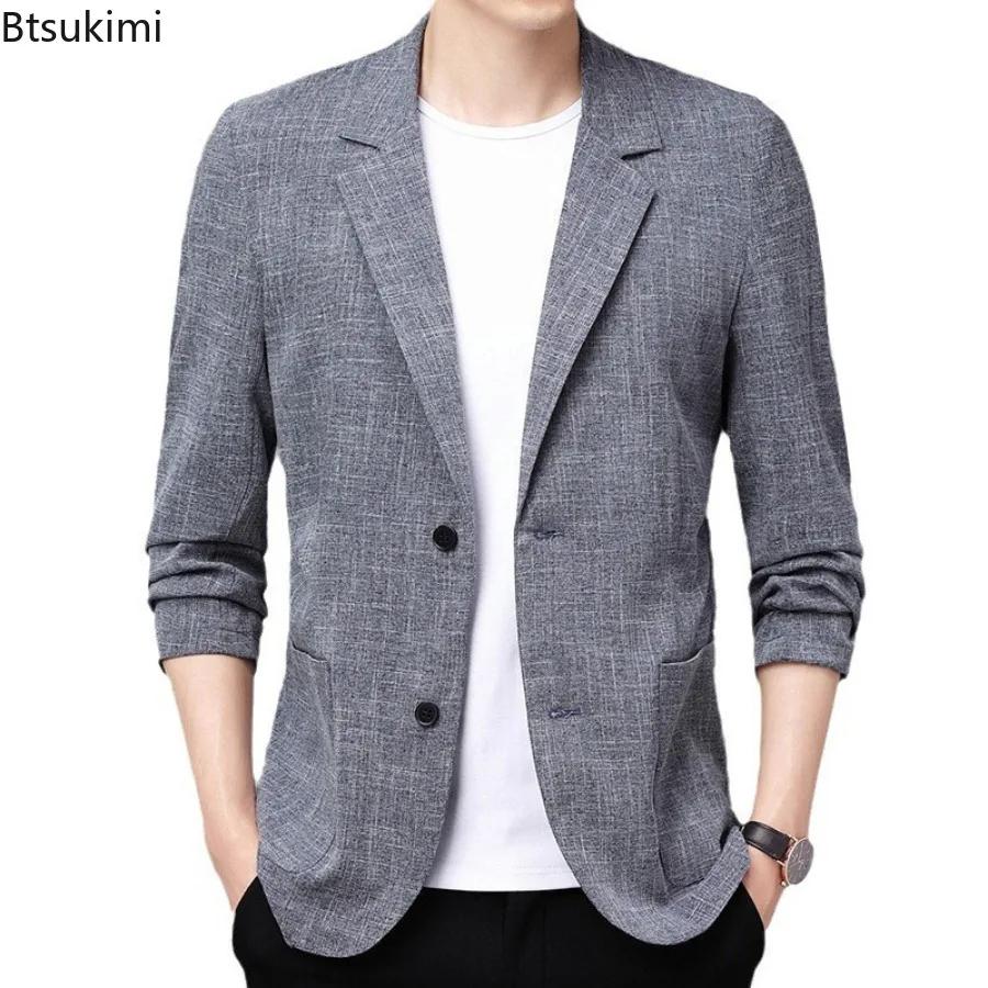 Nouveaux hommes manteaux minces Style coréen mince costume vestes printemps automne lin couleur unie blazers