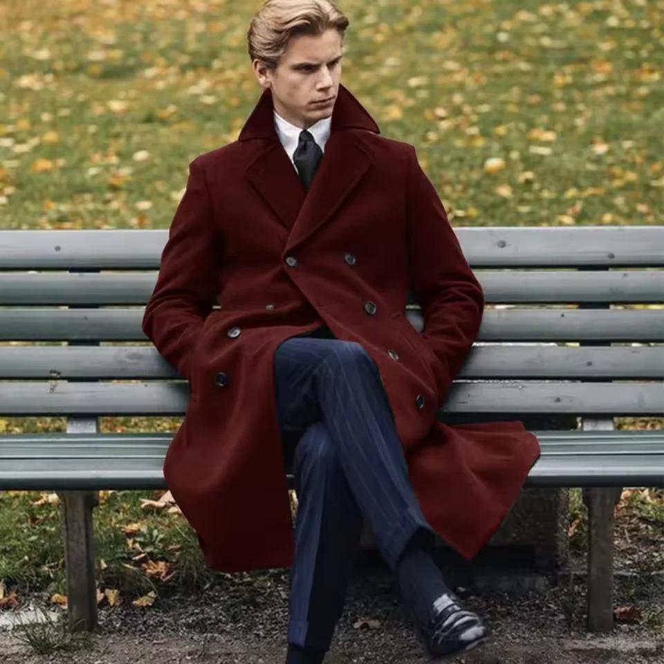 2025 nouvelle laine longs hommes manteaux de luxe hiver couleur unie Double boutonnage