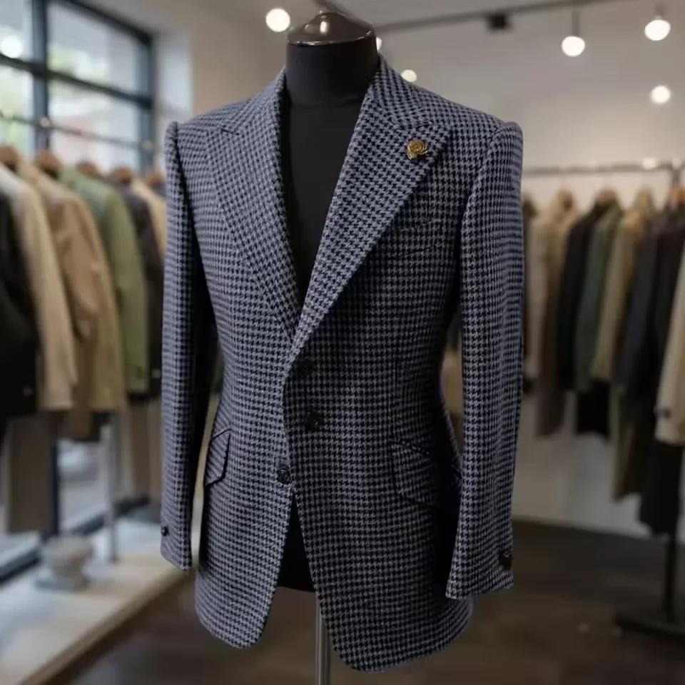 Veste formelle pour hommes pied-de-poule laine marron Blazer avec revers de pointe décontracté mariage affaires fête manteau automne hiver personnalisé