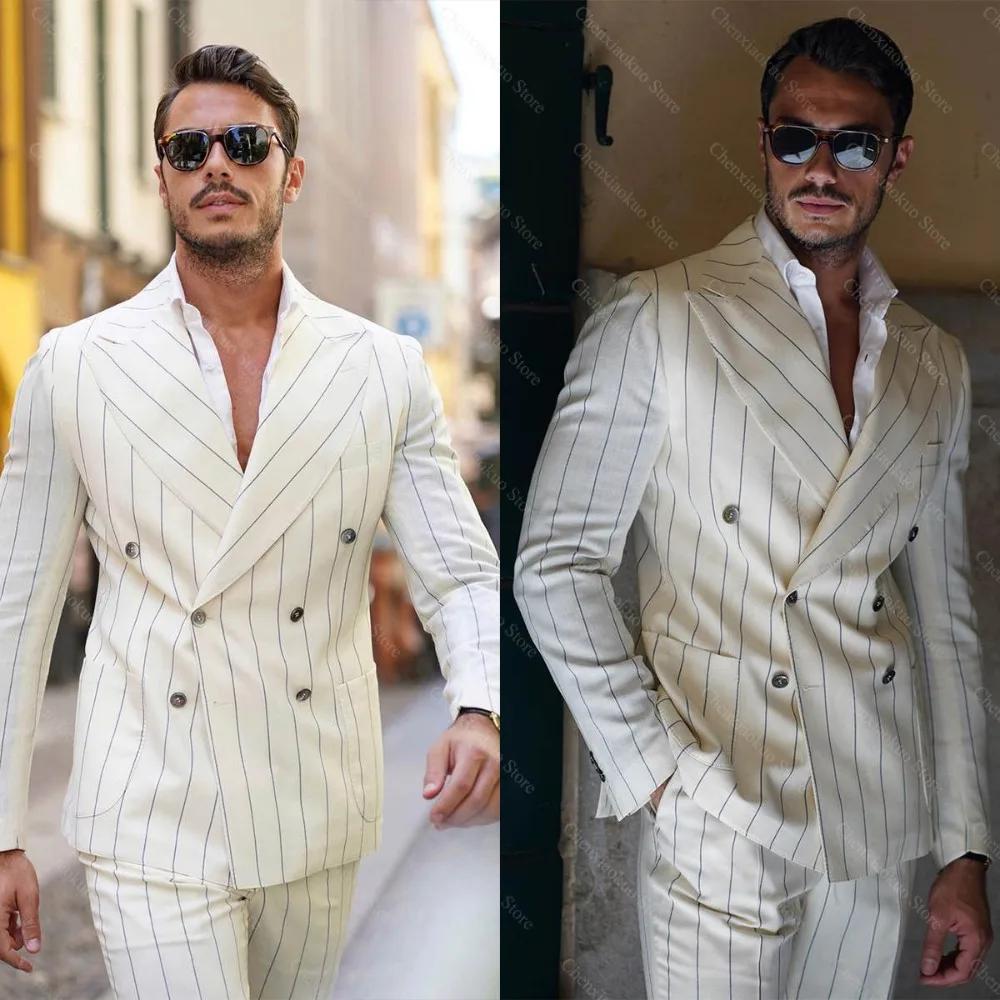 Costumes rayés pour hommes élégant revers à pointe Double boutonnage tenues 2 pièces veste avec pantalon mince affaires décontracté costume masculin