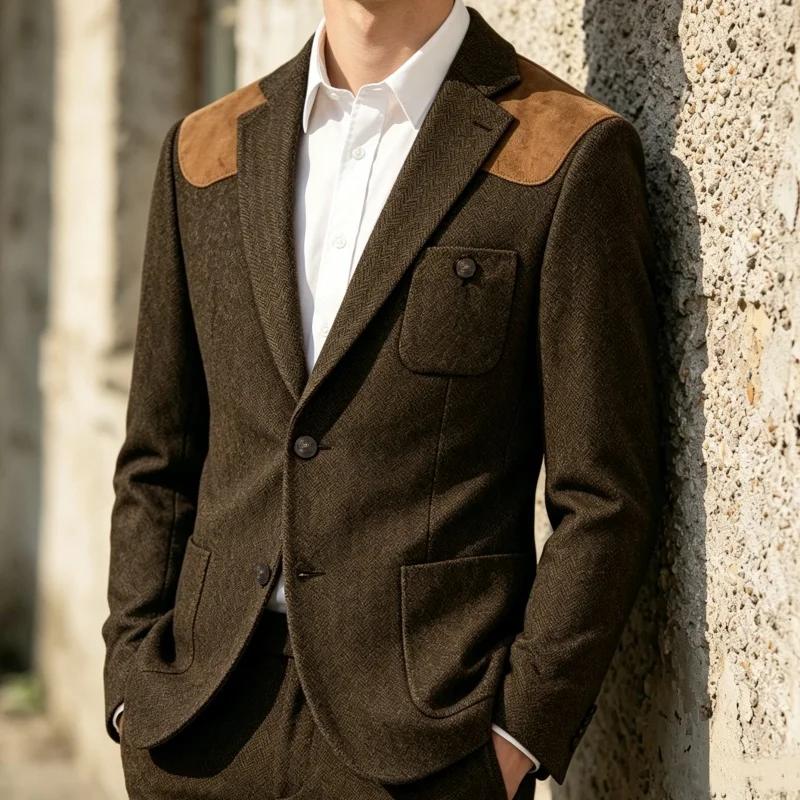 Blazer décontracté rétro pour homme en tweed à chevrons