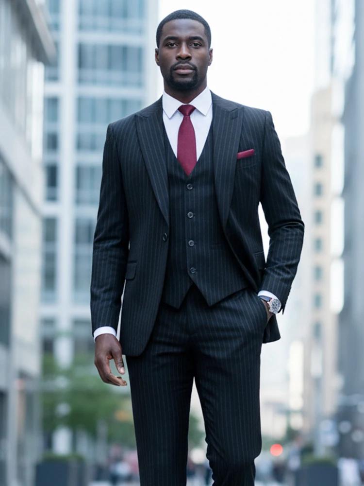 Ensemble 3 pièces (veste + gilet + pantalon) costume rayé noir coupe ajustée luxueux et élégant