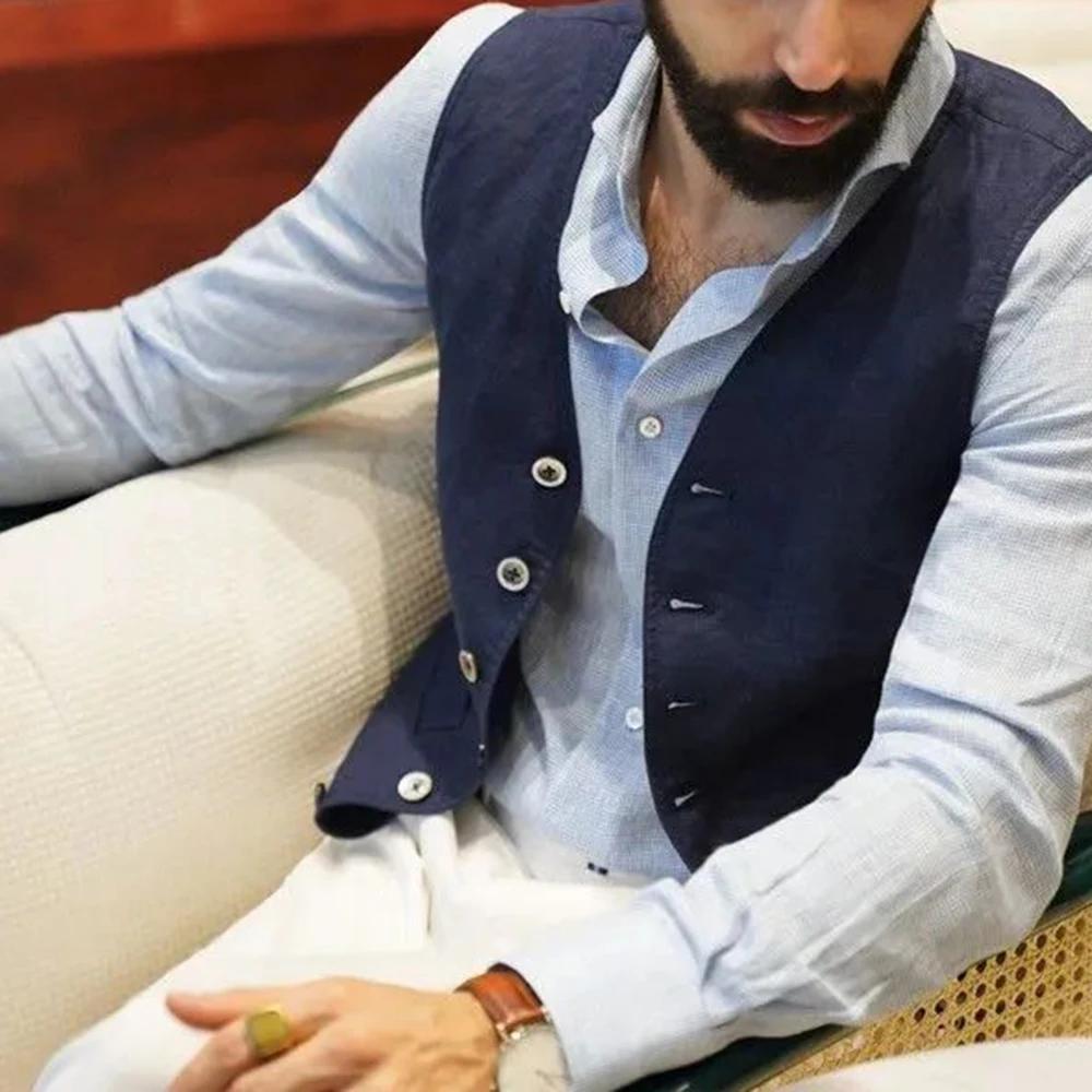 Gilets en lin de coton bleu marine pour hommes