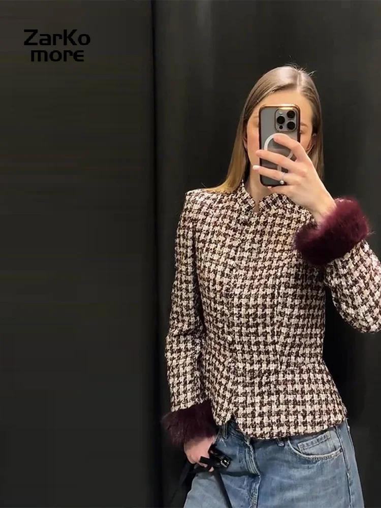 Veste élégante en tweed à carreaux pied-de-poule