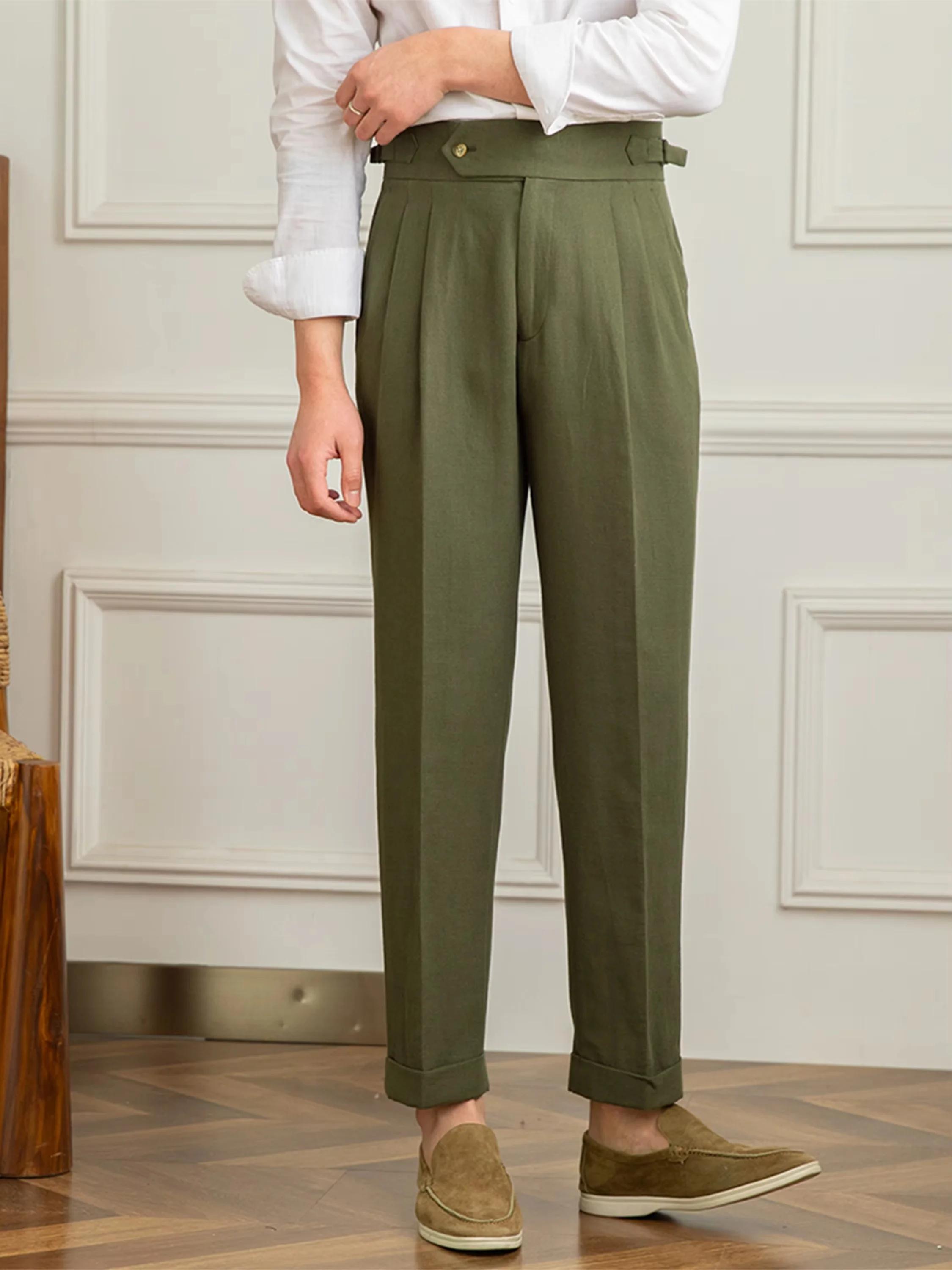 Gentleman été Naples pantalon droit décontracté hommes trajet coton et lin confortable respirant taille haute