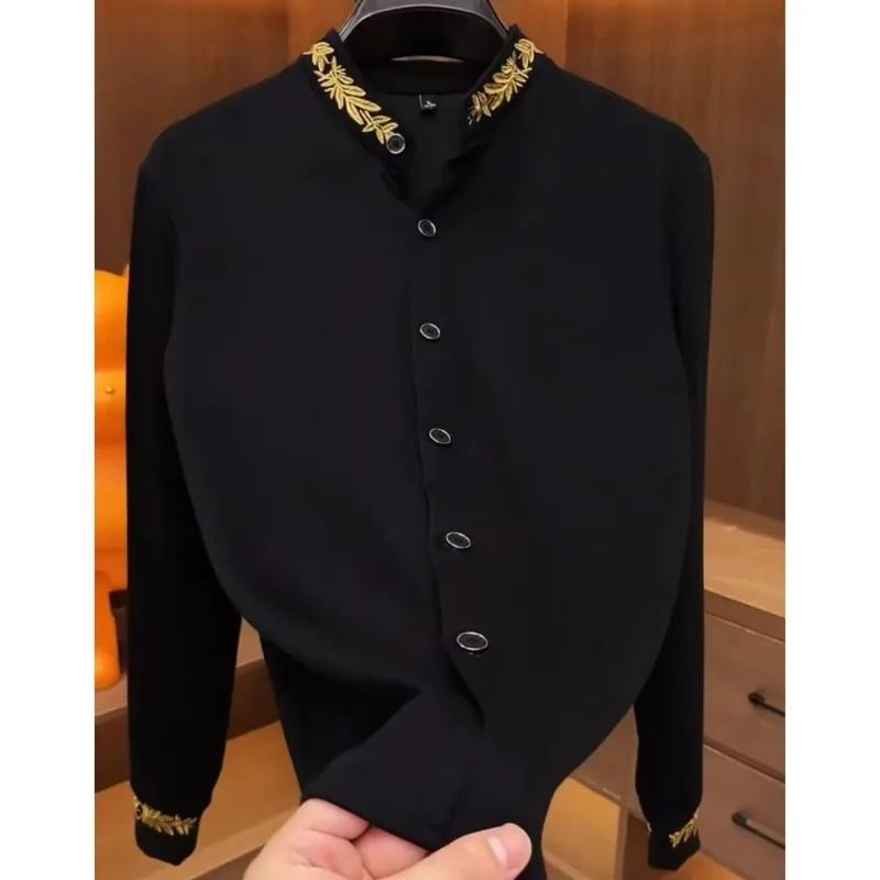 Chemise noire à manches longues et col Mandarin pour hommes