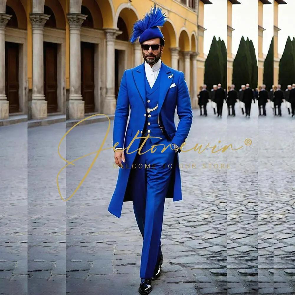 Costumes pour hommes bleu royal 3 pièces Veste longue Gilet Pantalon Revers en pointe Queue-de-pie Tenues Business Casual Tenue de bureau Mariage Smoking