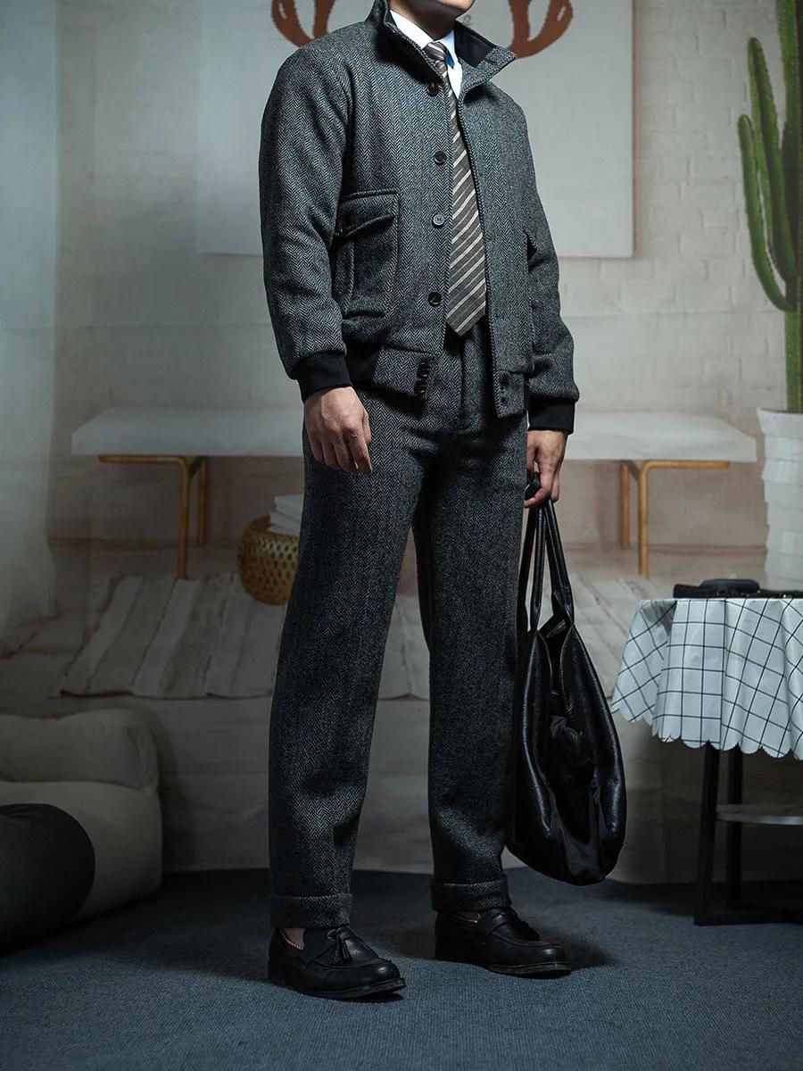 POT & CRAFTSMAN Veste classique en tweed à chevrons vintage pour homme