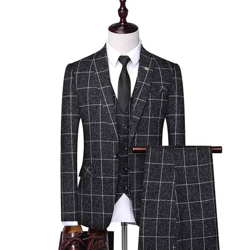 Costume (Blazer + gilet + pantalon) mode affaires décontracté Gentleman hommes Style italien élégant Plaid mince formel