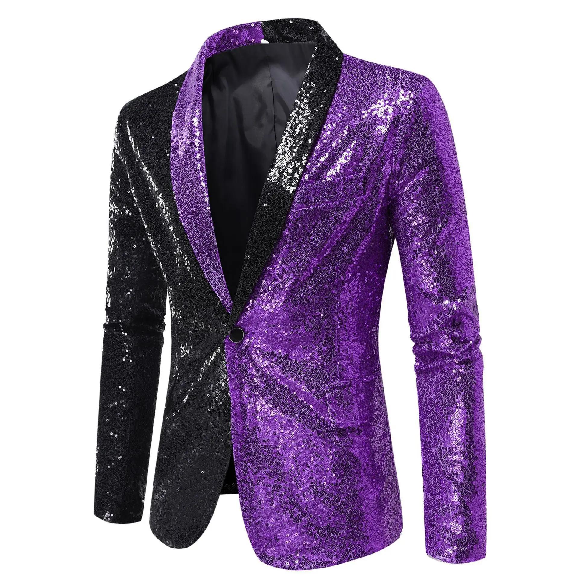 Blazer Homme Scintillant à Paillettes Col V Simple Bouton Veste de Costume Spectacle Scène Soirée Bal Dîner Manteau