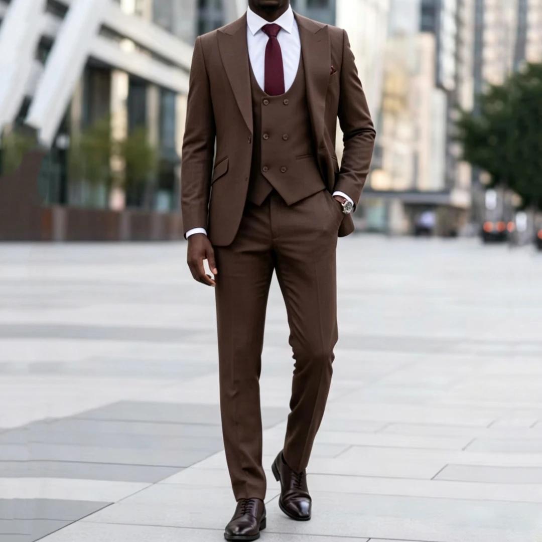 Costume homme marron foncé 3 pièces uni avec revers pour mariage