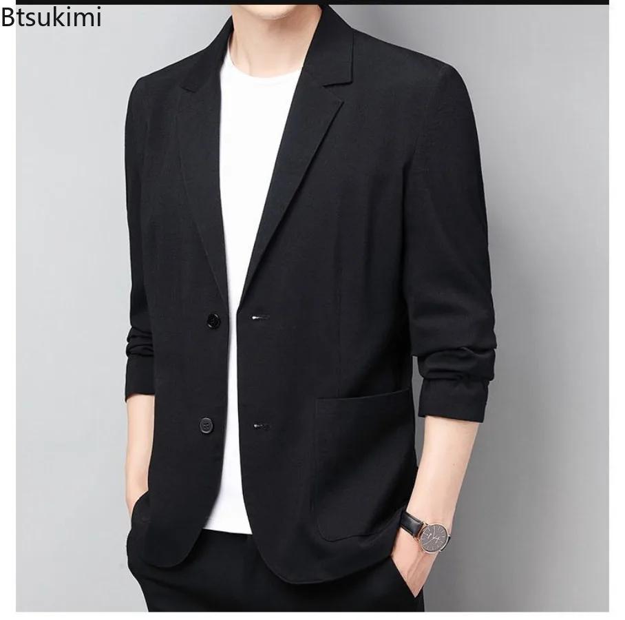 Nouveaux hommes manteaux minces Style coréen mince costume vestes printemps automne lin couleur unie blazers
