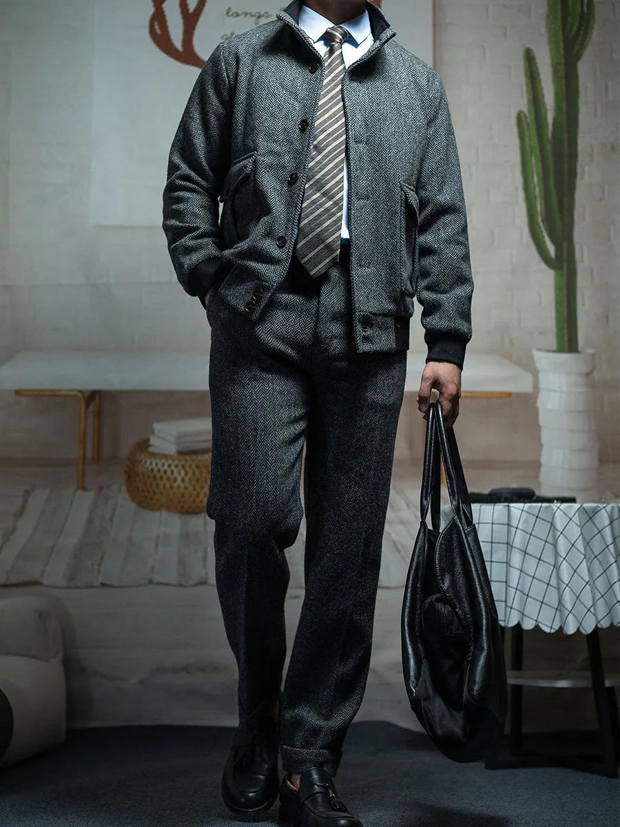POT & CRAFTSMAN Veste classique en tweed à chevrons vintage pour homme