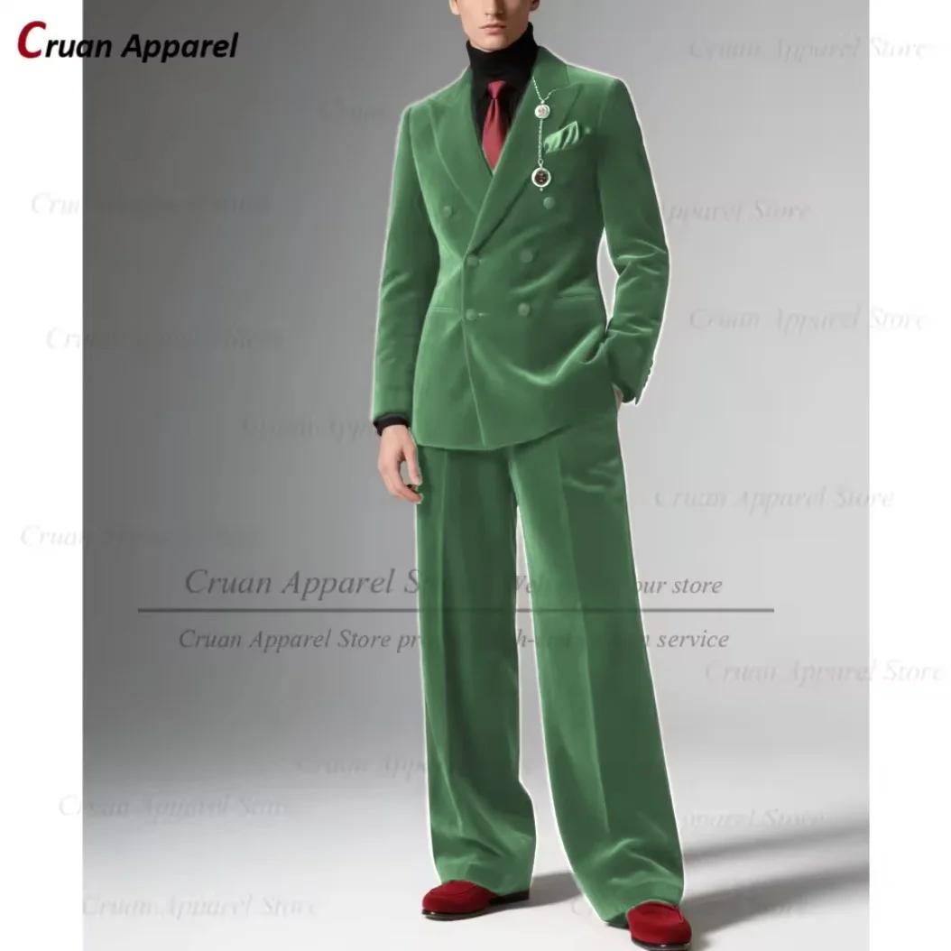 Mode hommes bordeaux velours costume ensembles Banquet de mariage personnalisé Groomsman élégant coupe ajustée Double boutonnage Blazer pantalon 2 pièces