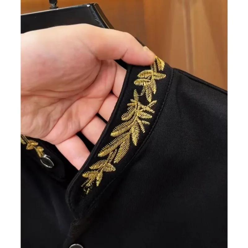 Chemise noire à manches longues et col Mandarin pour hommes