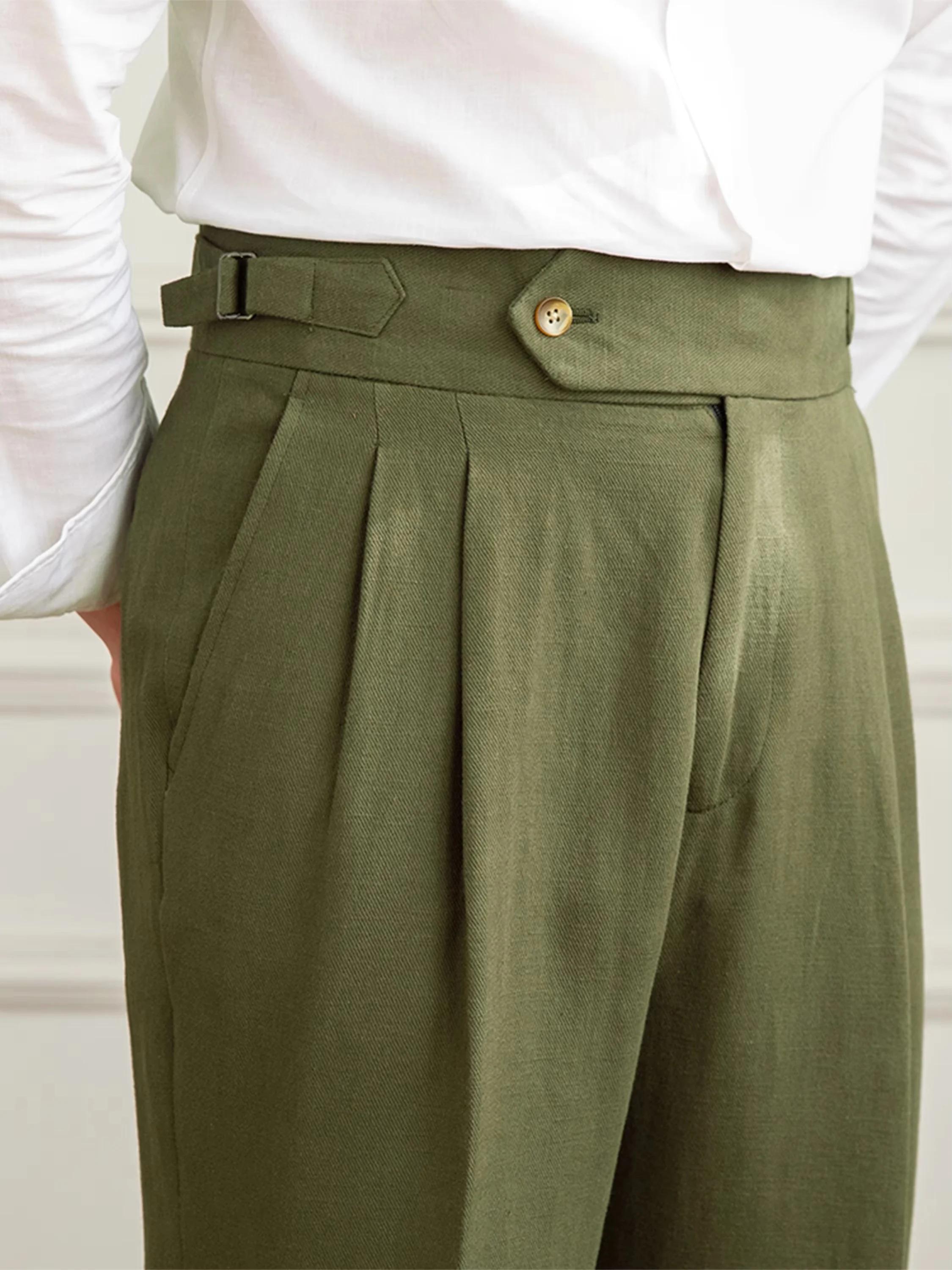 Gentleman été Naples pantalon droit décontracté hommes trajet coton et lin confortable respirant taille haute
