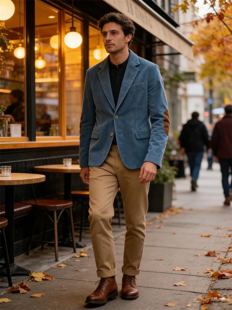 Blazer en velours côtelé vintage pour homme avec empiècements aux coudes