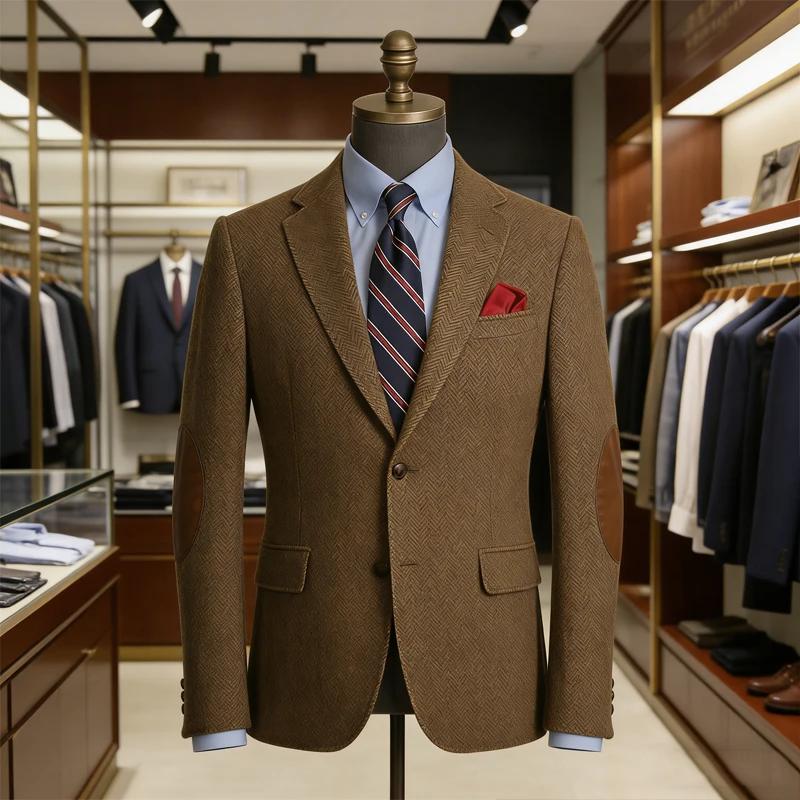 Blazer vintage en tweed à chevrons pour homme avec patchs aux coudes