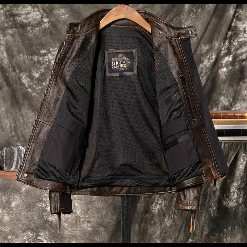 Veste d'automne en cuir marron foncé pour hommes