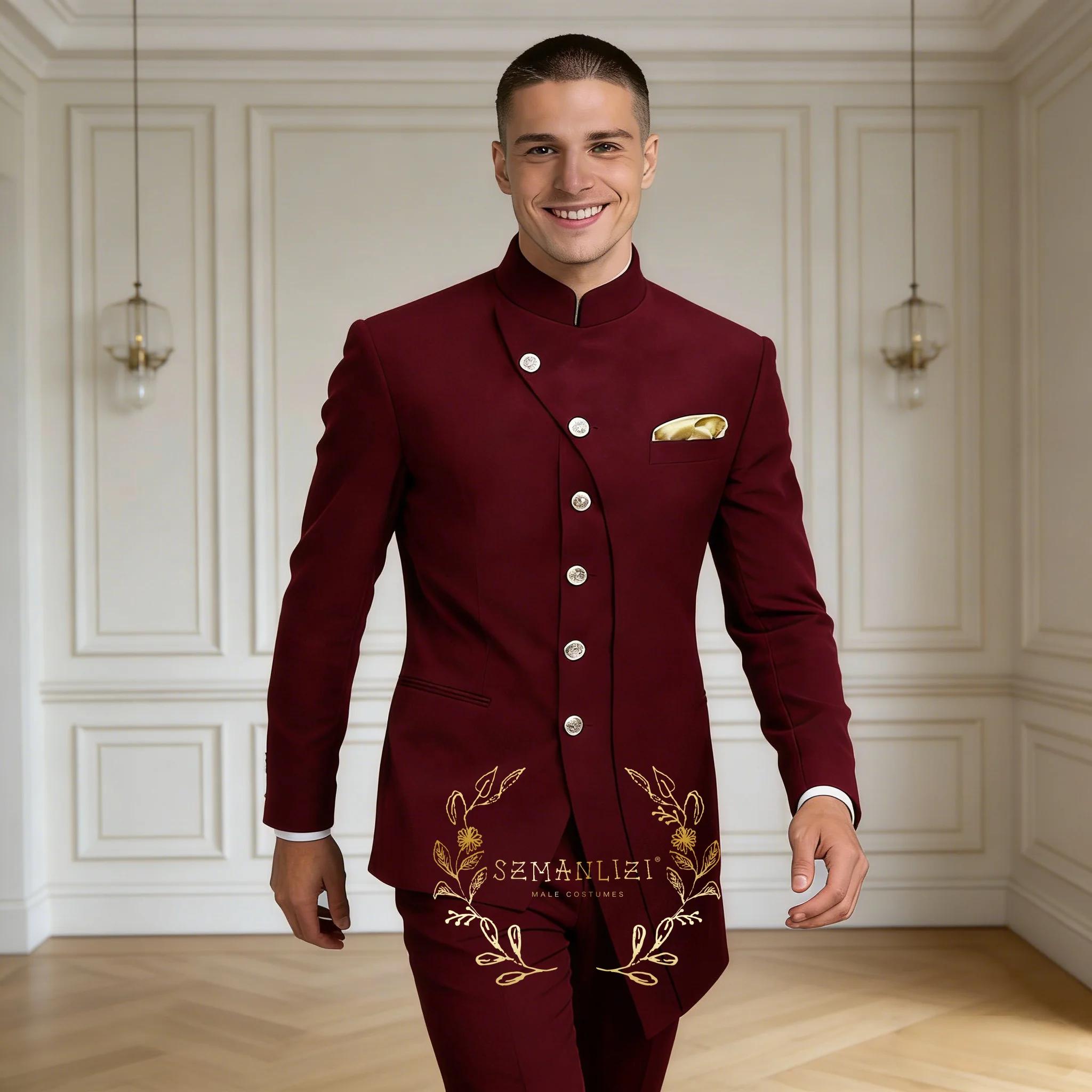 Costume de Mariage Homme Bleu Royal à Col Montant