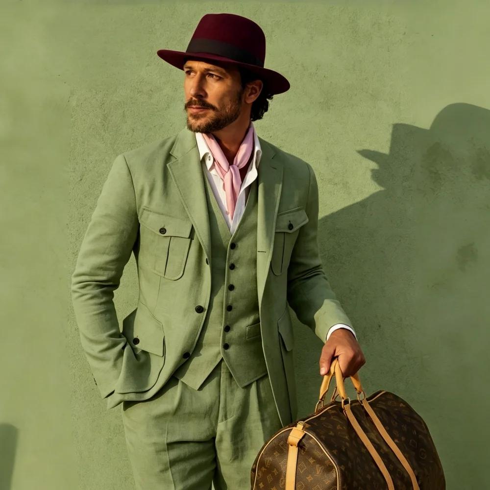 Costumes pour hommes en lin beige Safari 3 pièces
