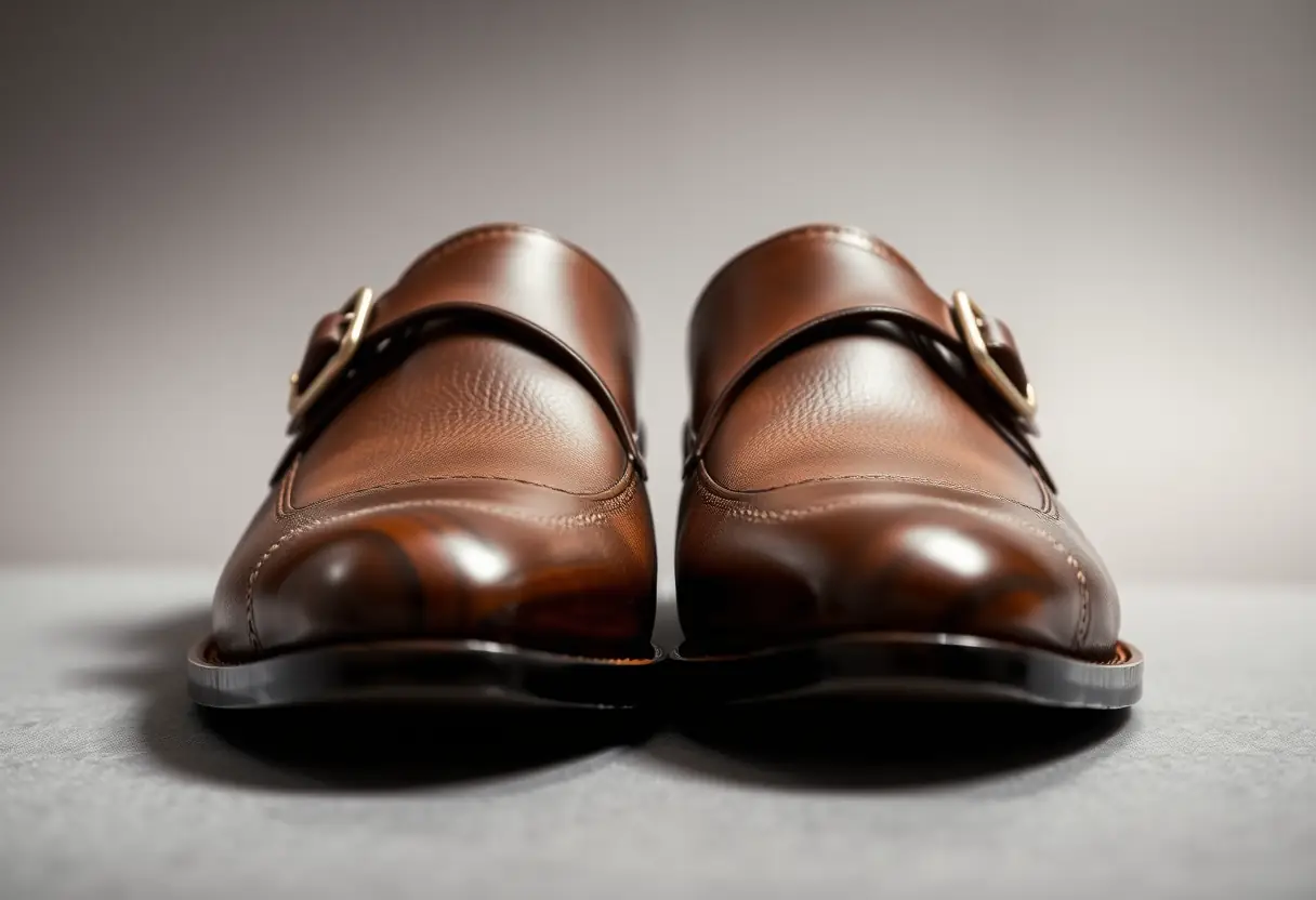 Détail du pointage et du fermoir central d'une paire de chaussures monk strap