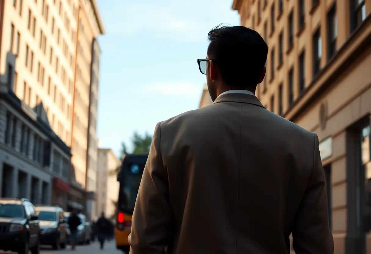 Un silhouetté portant un costume slim-fit beige en ville