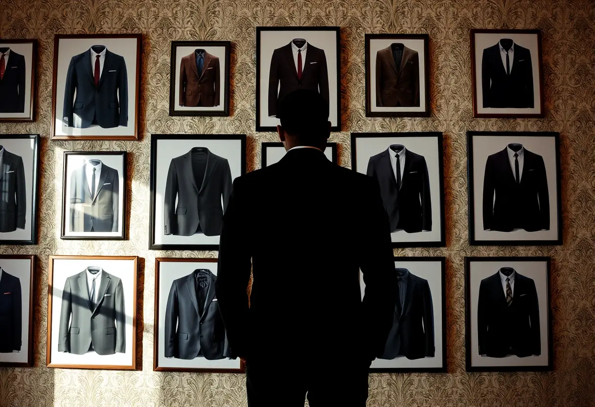 Un homme en costume devant un mur de photos de costumes