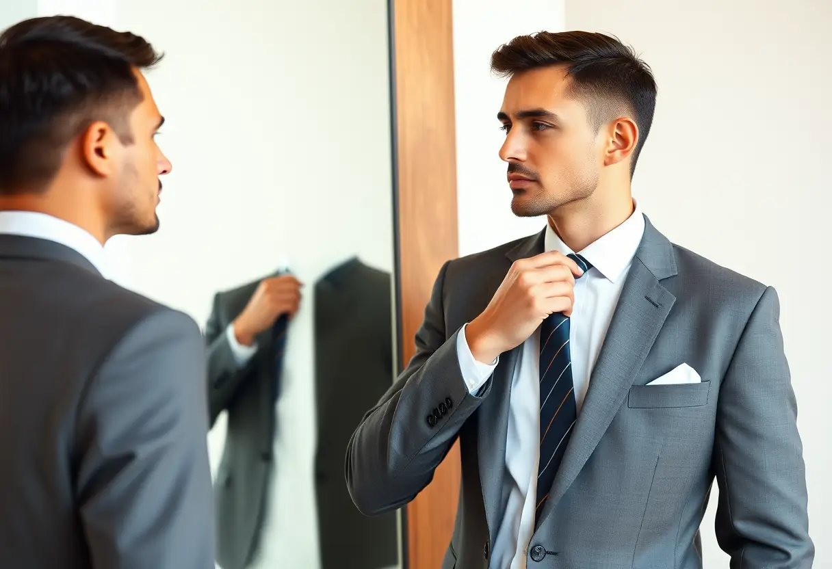 Un homme d’affaires ajuste sa cravate devant un miroir, portant un costume croisé classique avec fermeture boutonnée oblique.