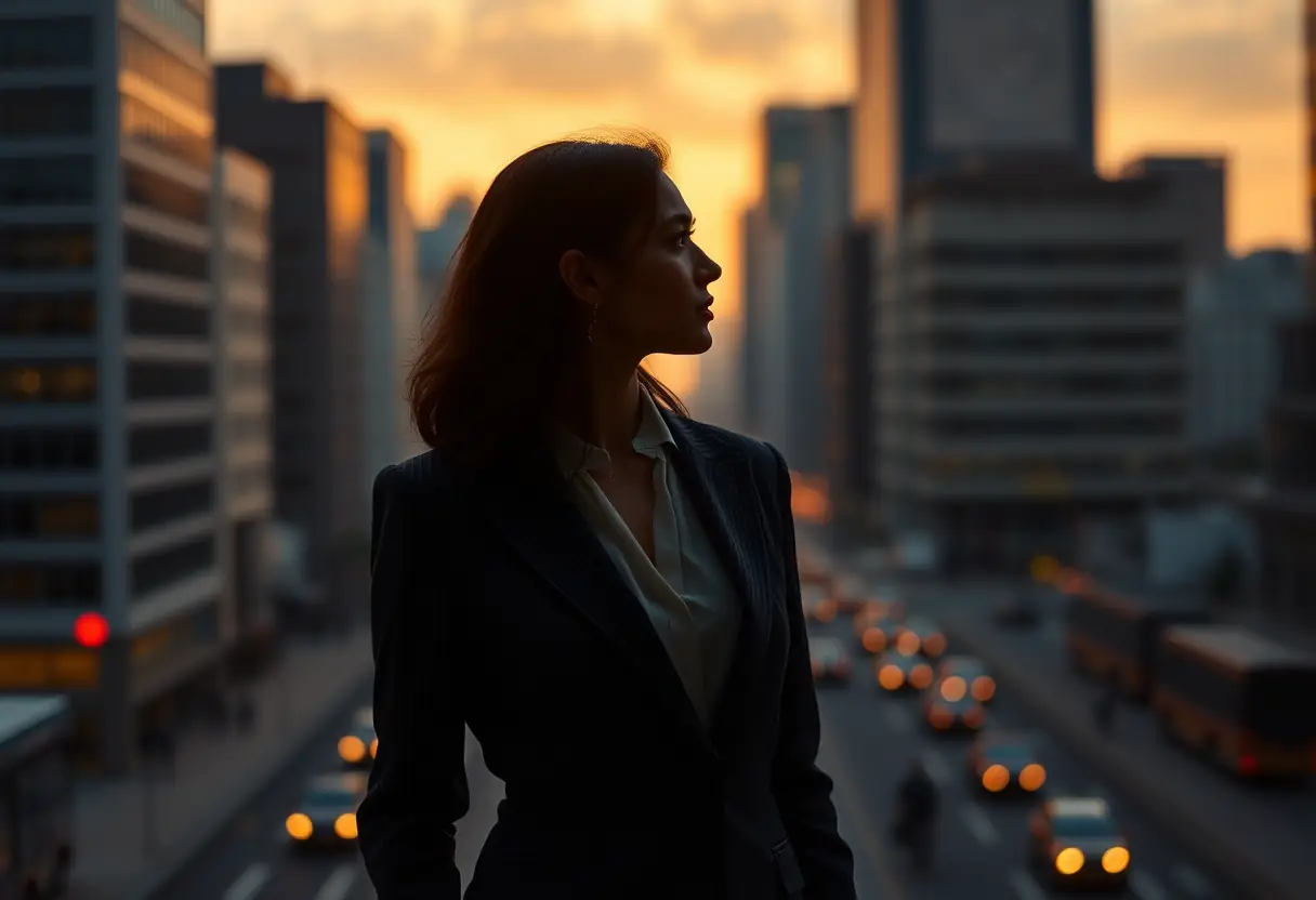 Silhouette d'une femme dans un costume 3 pièces classique contre un paysage urbain