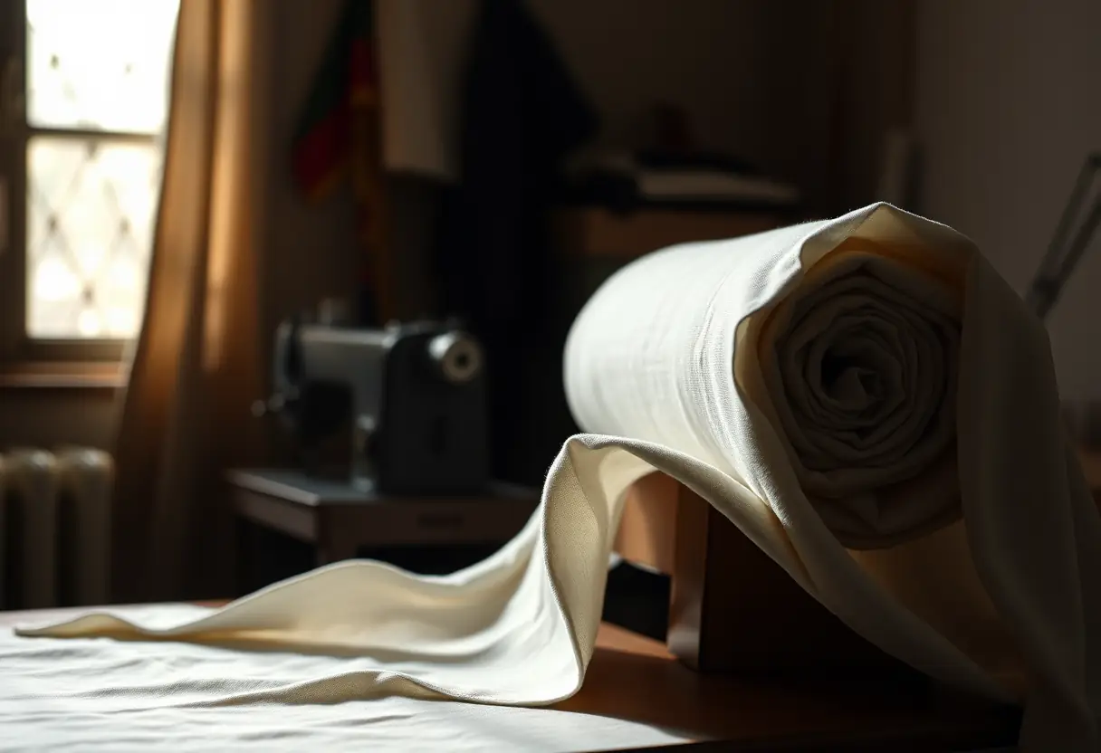Un rouleau de coton de haute qualité dans un coin d'atelier, prêt à être transformé en nouveau vêtement français.