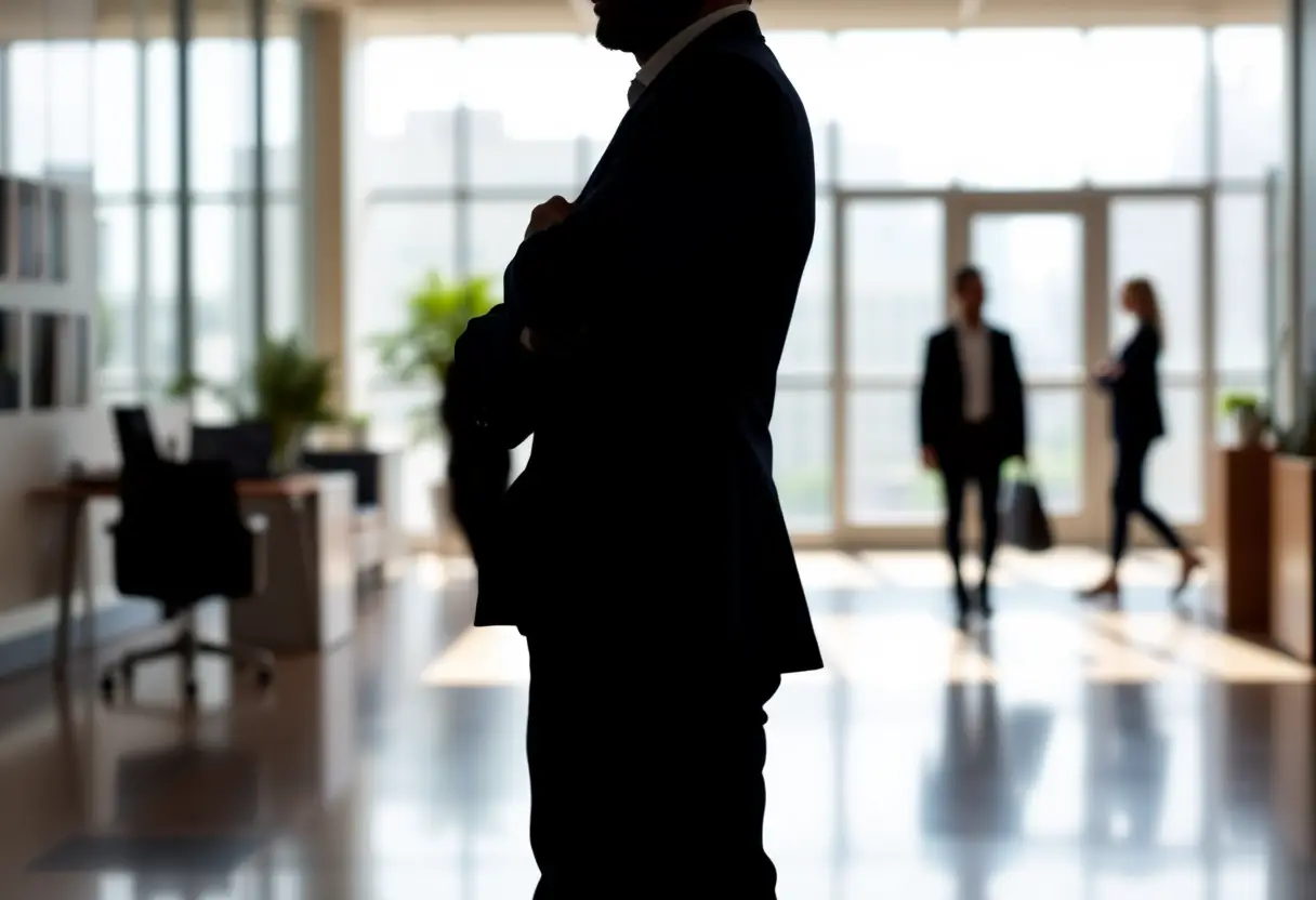 Un homme en costume bleu marine se tenant debout dans un espace de bureau moderne