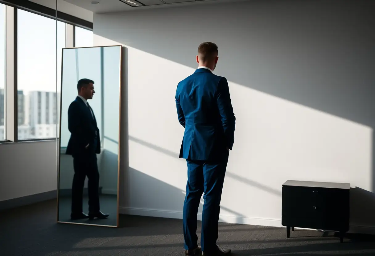 Un homme en costume bleu se reflète dans un grand miroir dans un bureau moderne.
