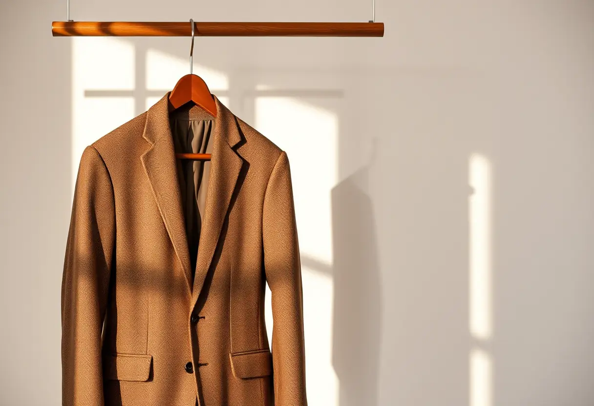 Costume brun en laine accroché sur un porte-manteau en bois