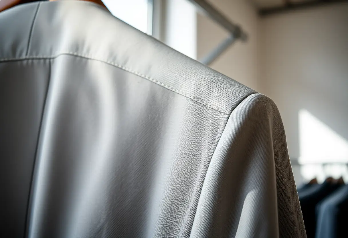 Un manteau taillé avec soin dans une penderie sous la lumière naturelle