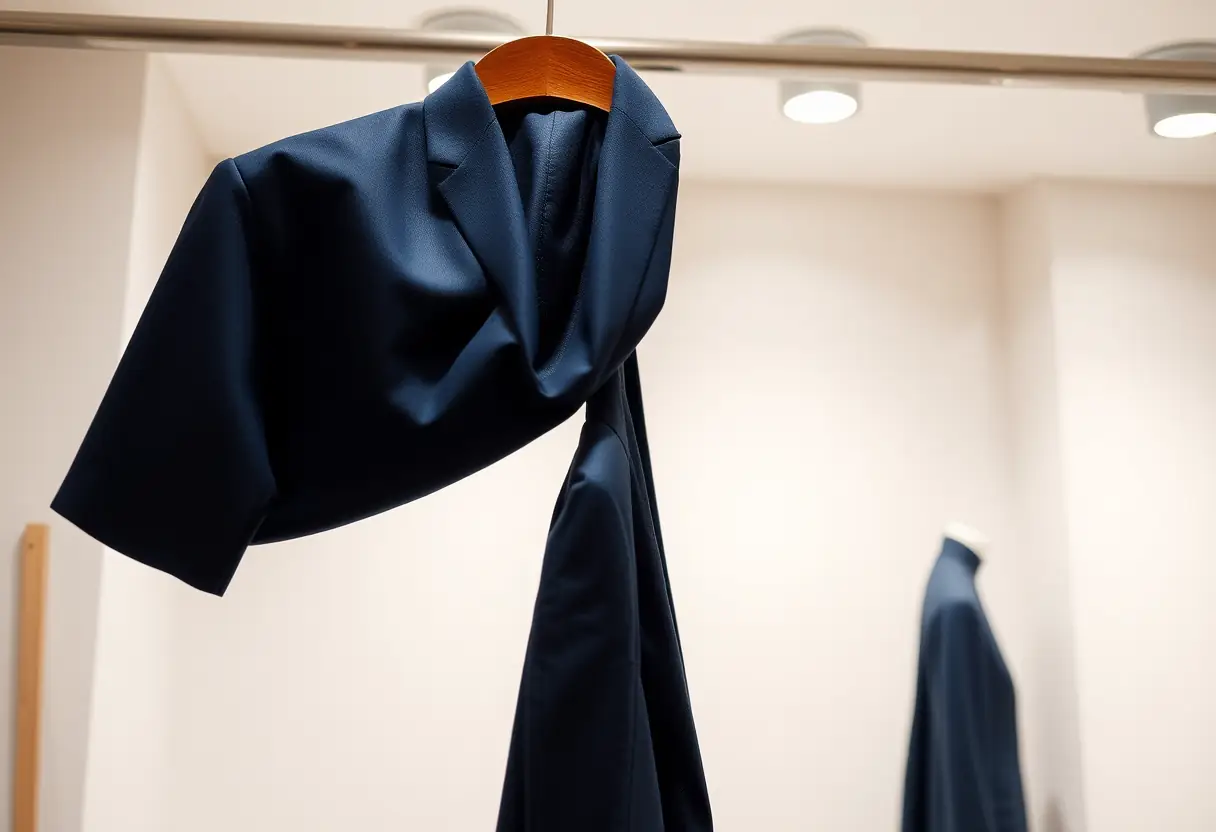 Un costume classique accroché sur un cintre dans une cabine d’essayage