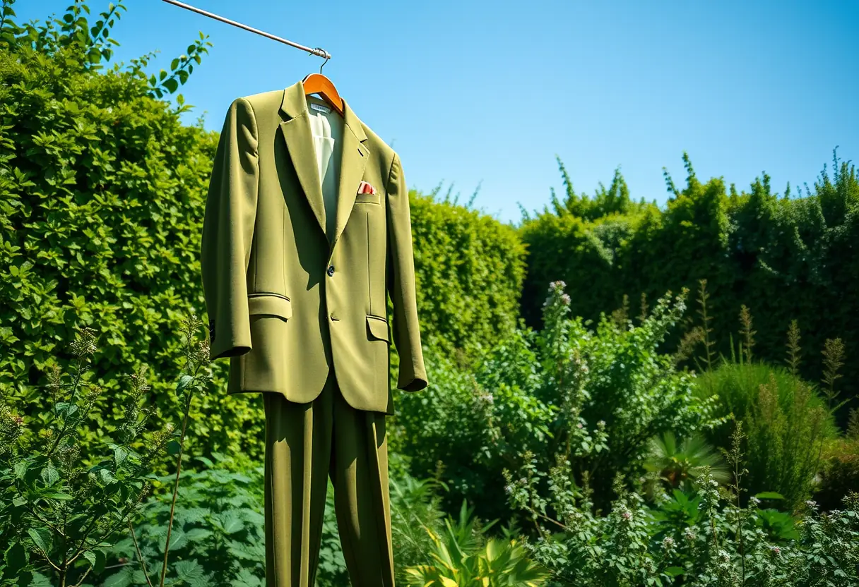 Un costume vert olive suspendu à une corde à linge dans un jardin verdoyant