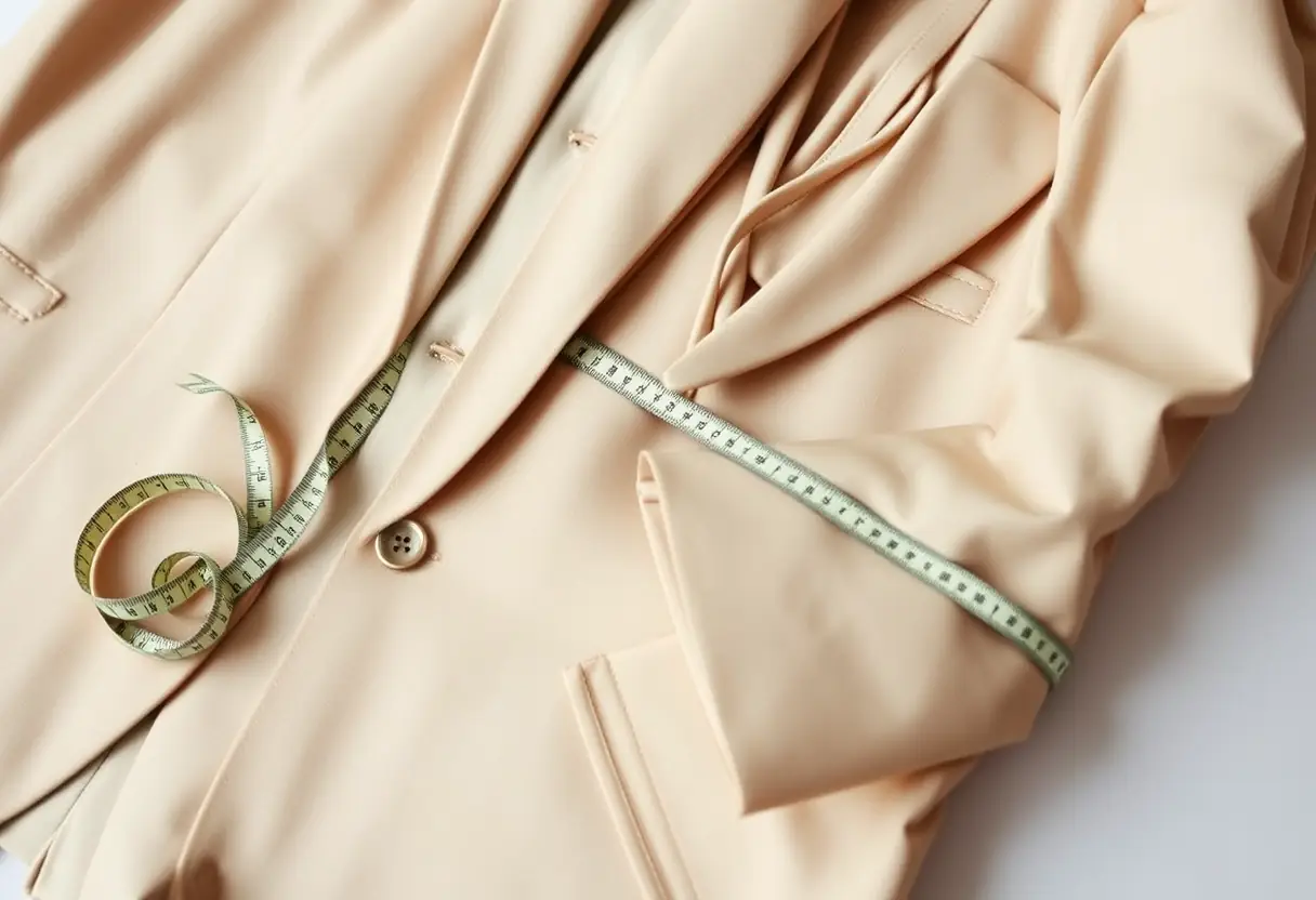 Un mètre ruban à côté d’un costume marié beige trois pièces soigneusement plié