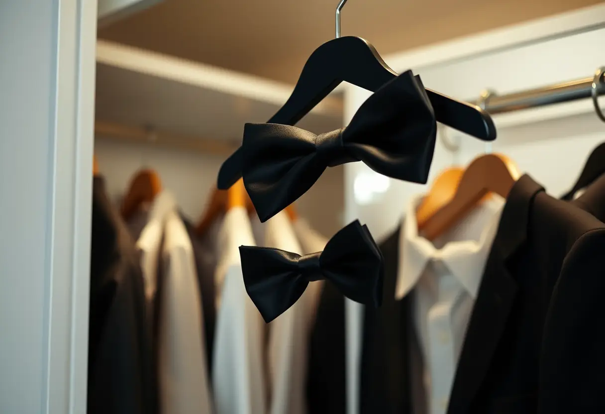 Un nœud papillon en soie noire suspendu dans un placard bien éclairé, entouré d'autres vêtements de cérémonie.
